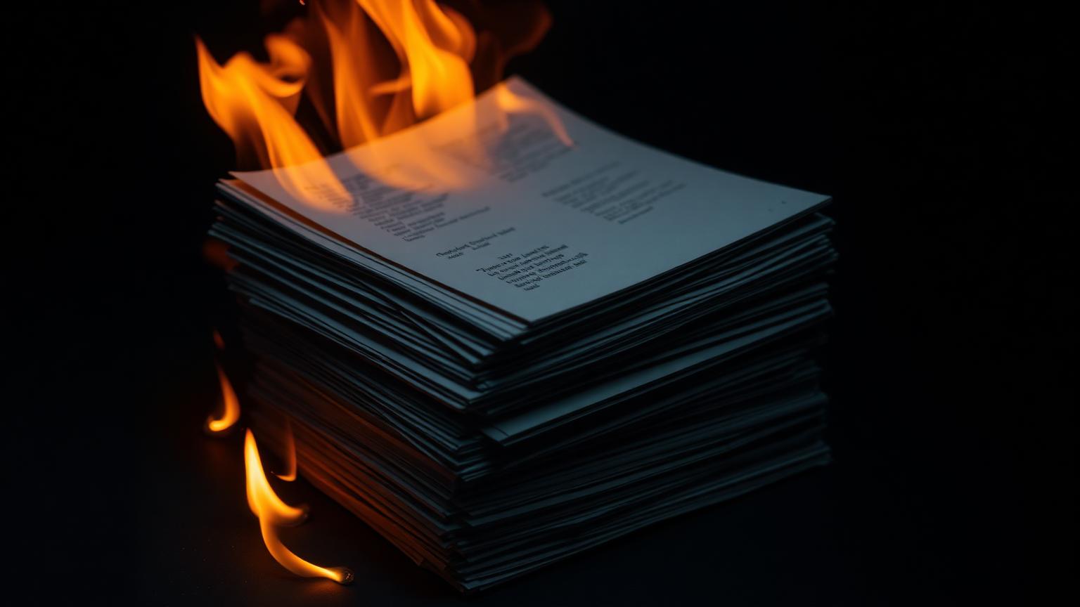 A stack of paper documents quietly burning at the top, embers floating into the dark.
